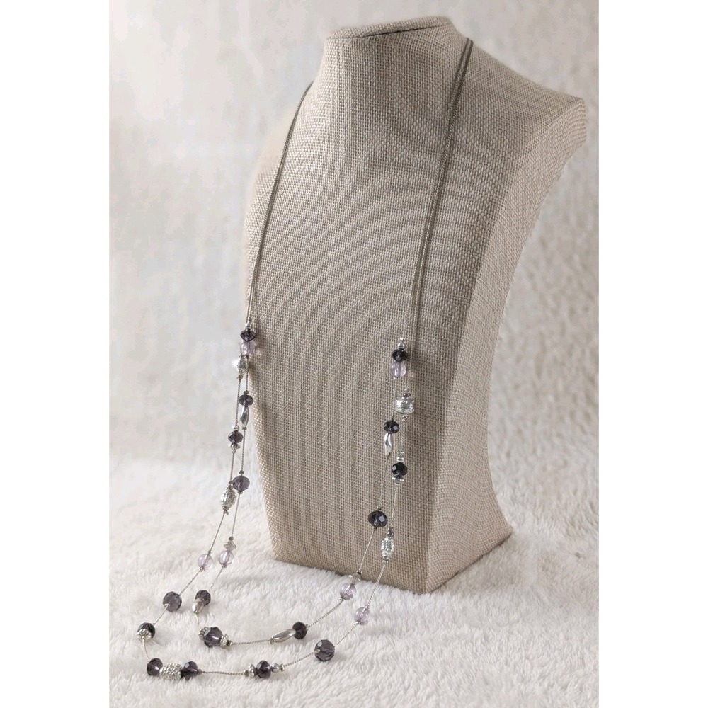 Silver Tone Beaded Necklace | Double Strand Purple & Clear Crystal Style